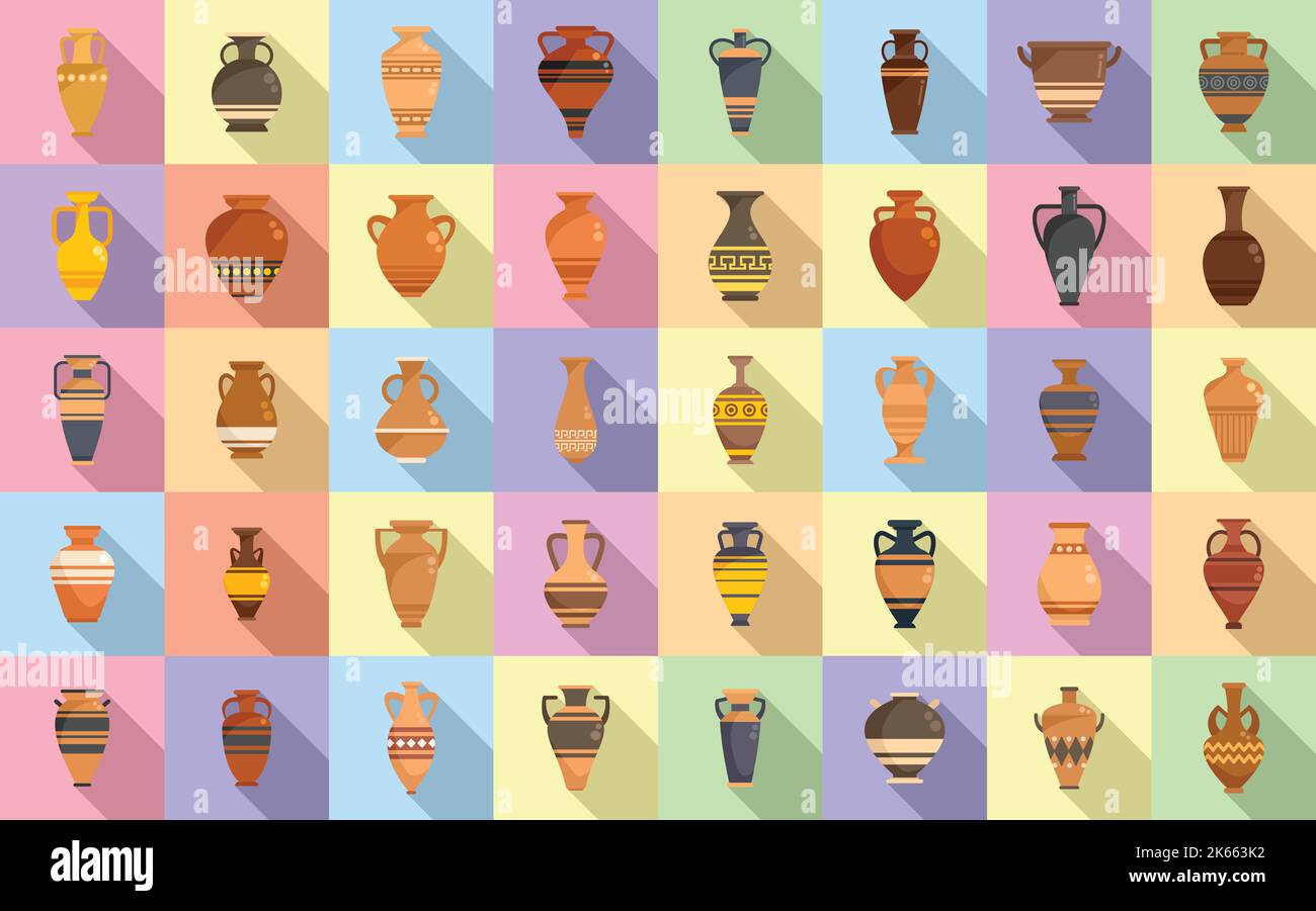 Amphora icons set flat vector. Vase pottery. Greek jar Stock Vector