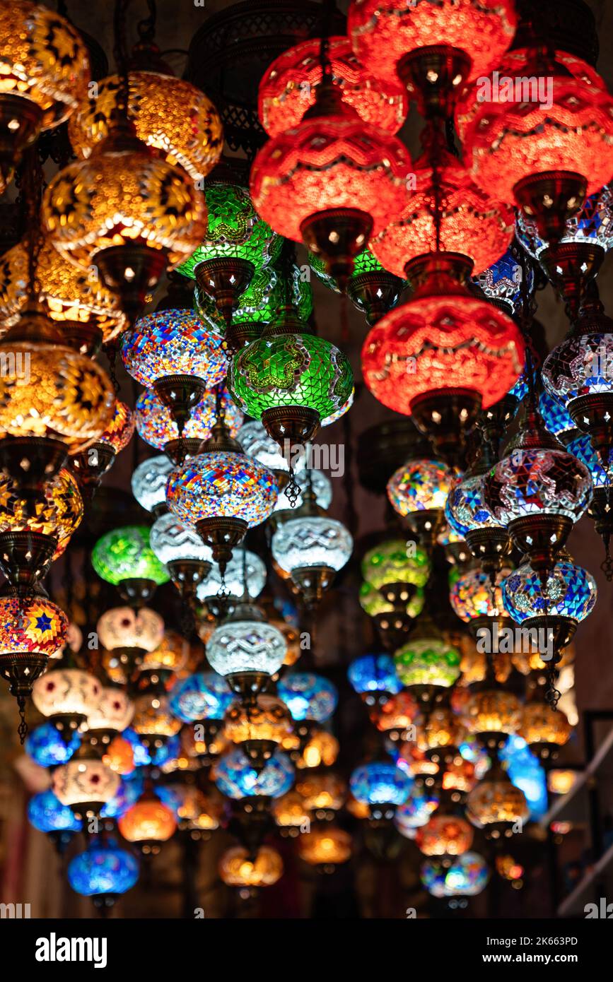 Oriental colorful glass hanging lamps or lanterns in turkish bazaar