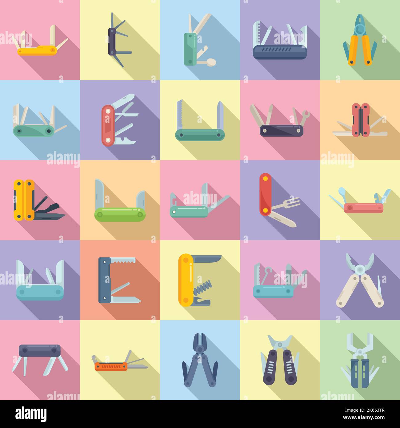 Multitool icons set flat vector. Multifunctional knife. Army blade ...