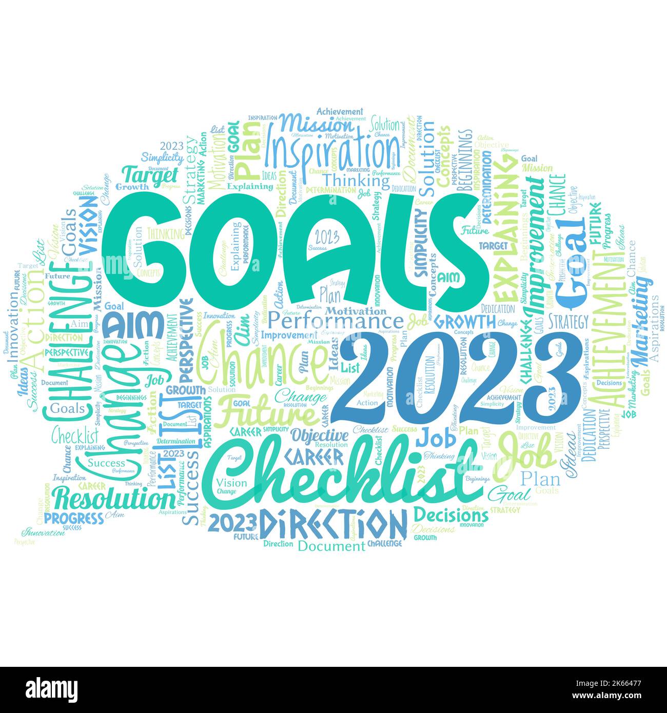 Big word cloud in the shape of dialog box with words goals 2023