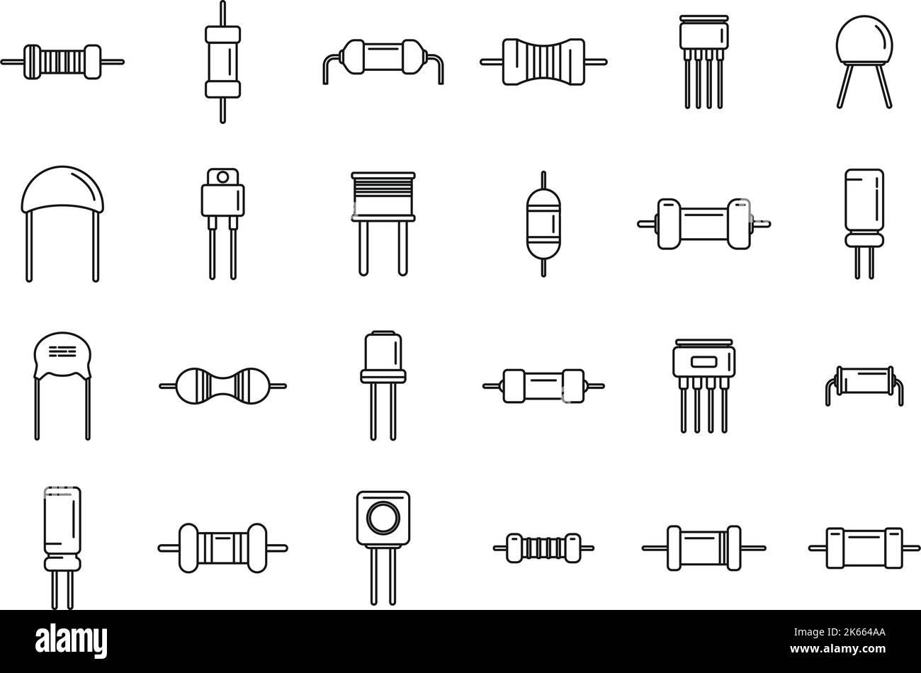 Resistor icons set outline vector. Capacitor chip. Battery board Stock Vector