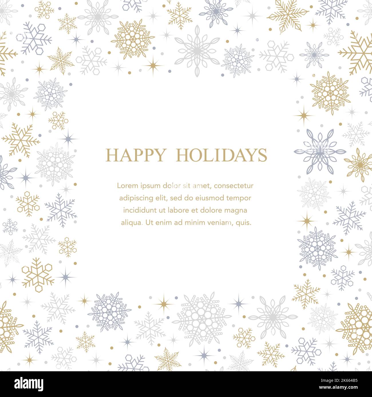 Happy Holidays Vector Square Frame Illustration With Abstract Snowflakes Pattern And Text Space. Stock Vector