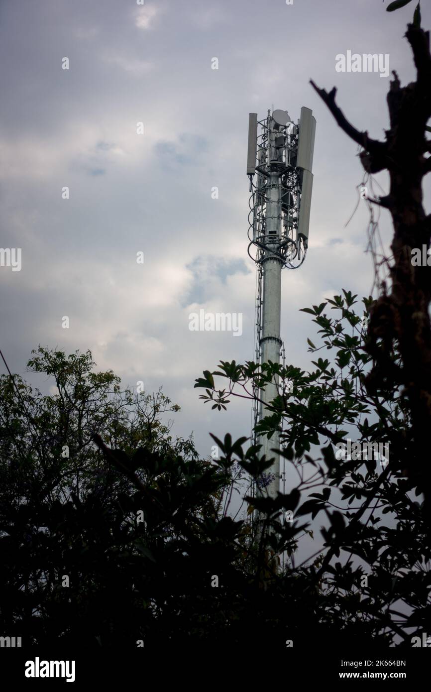 April 7th 2021. A cell site, cell tower, or cellular base station. Dehradun city Uttarakhand India. Stock Photo