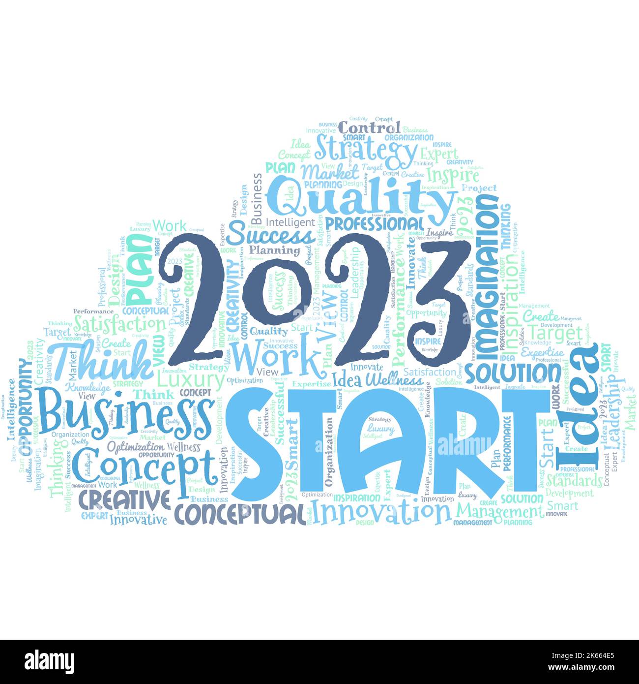 Big word cloud with words 2023 Start. Remembering past year events main actions or good shows. Setting up your goals and plans for the current year or Stock Vector