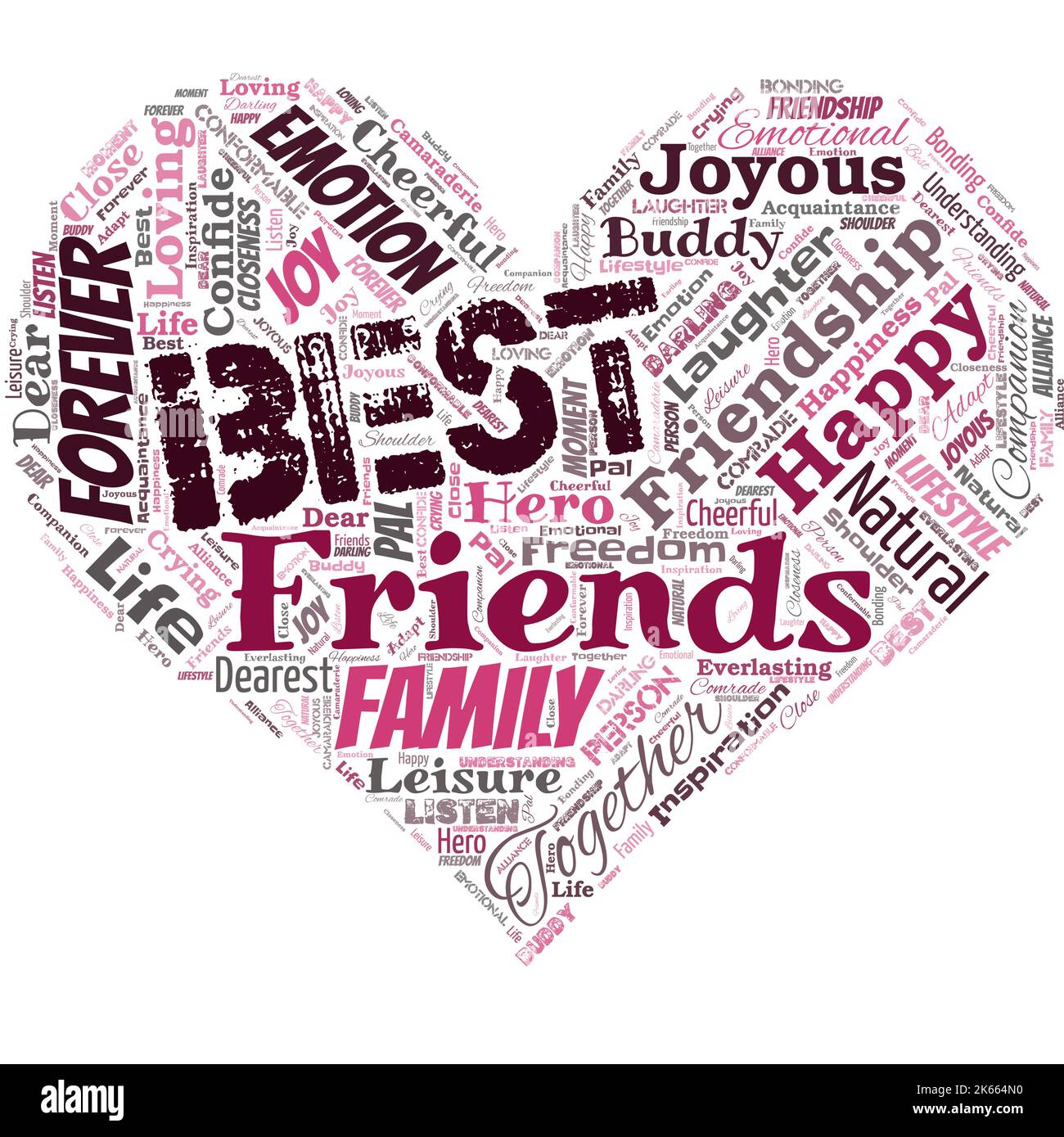 Big word cloud in the shape of heart with words best friends. A person you value above other persons. Forever buddies Stock Vector