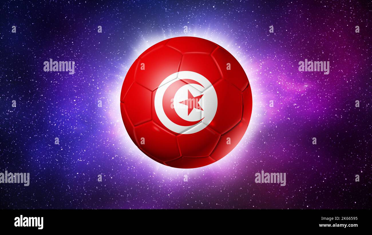 3D soccer ball with Tunisia team flag. Space background. Football 2022