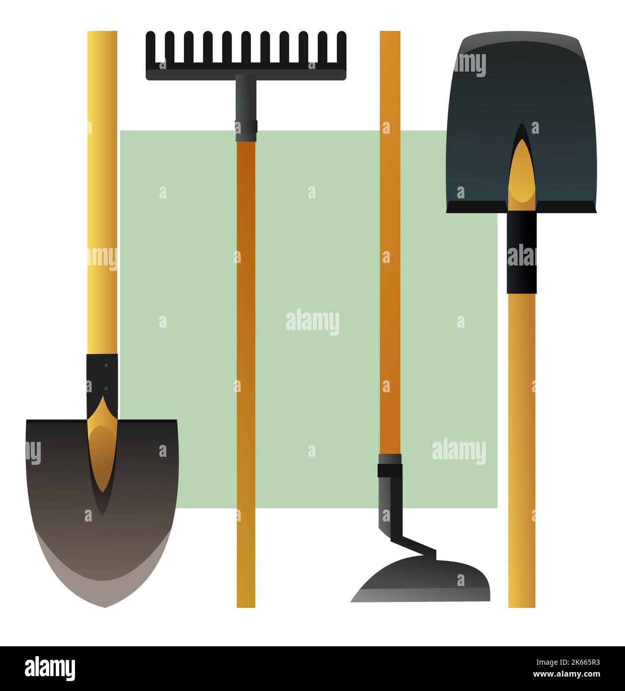 Agricultural rural garden tool. Shovels rakes and hoes. Isolated on white background. Logo and