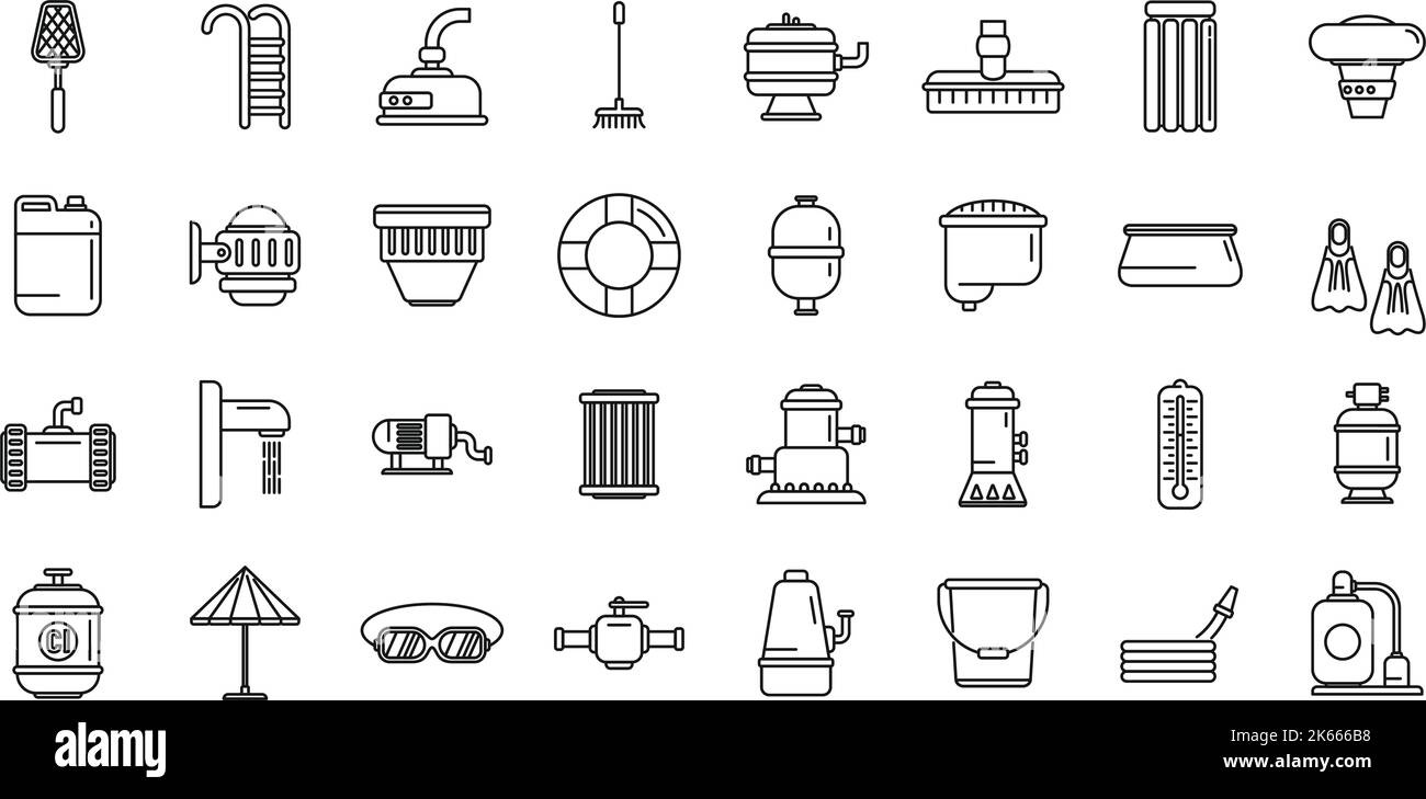 Equipment for pool icons set outline vector. Clean skimmer. Brush broom Stock Vector