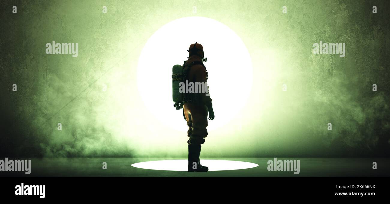 Man in a Hazmat Biohazard Suit Nuclear Nightmare Silhouette Environment Halloween Infection Horror 3d illustration render Stock Photo