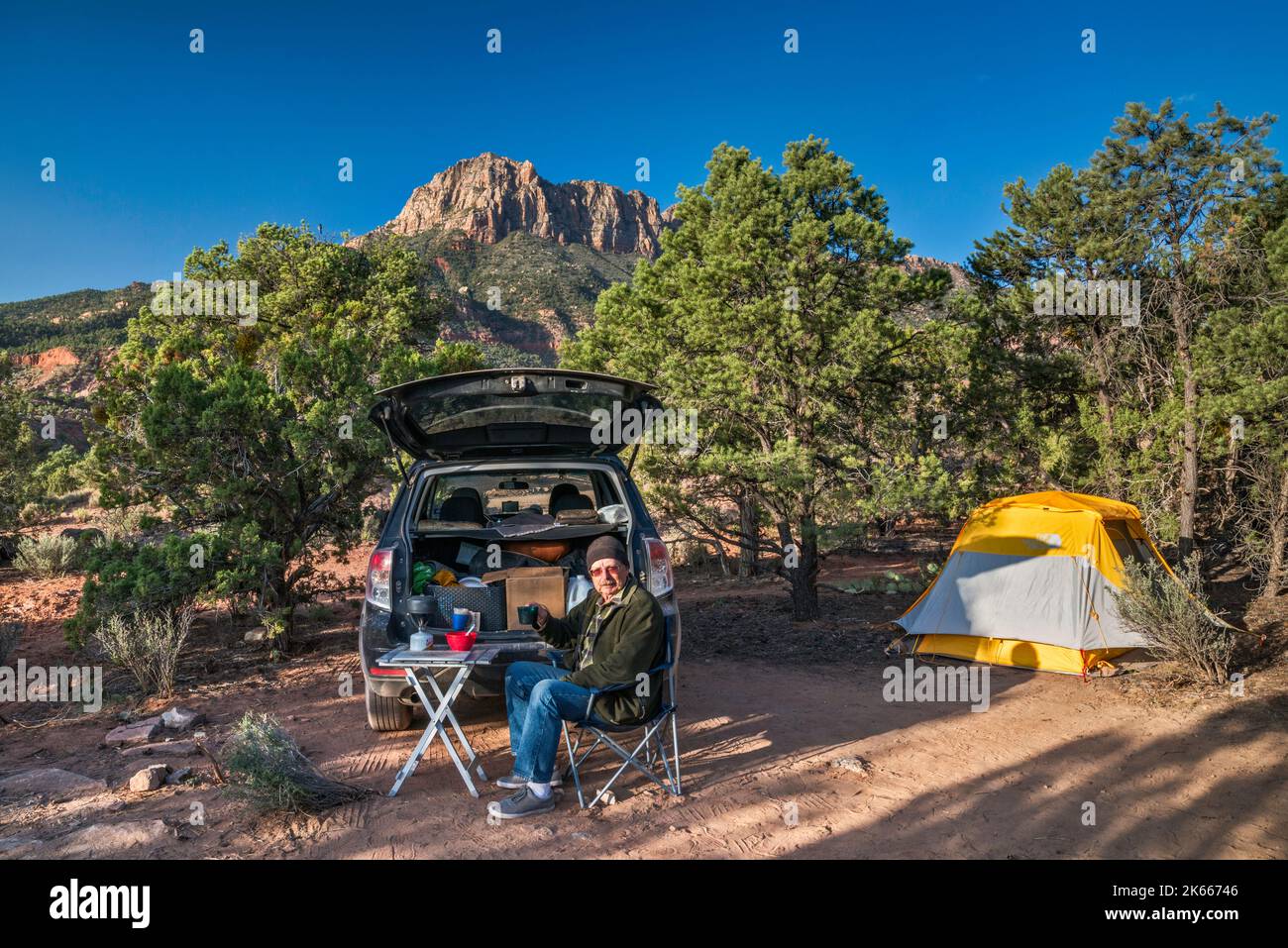 Senior man at campsite, pinyon juniper forest, Smithsonian Butte in distance, off Smithsonian Butte Road, Canaan Mountain Wilderness, Utah, USA Stock Photo
