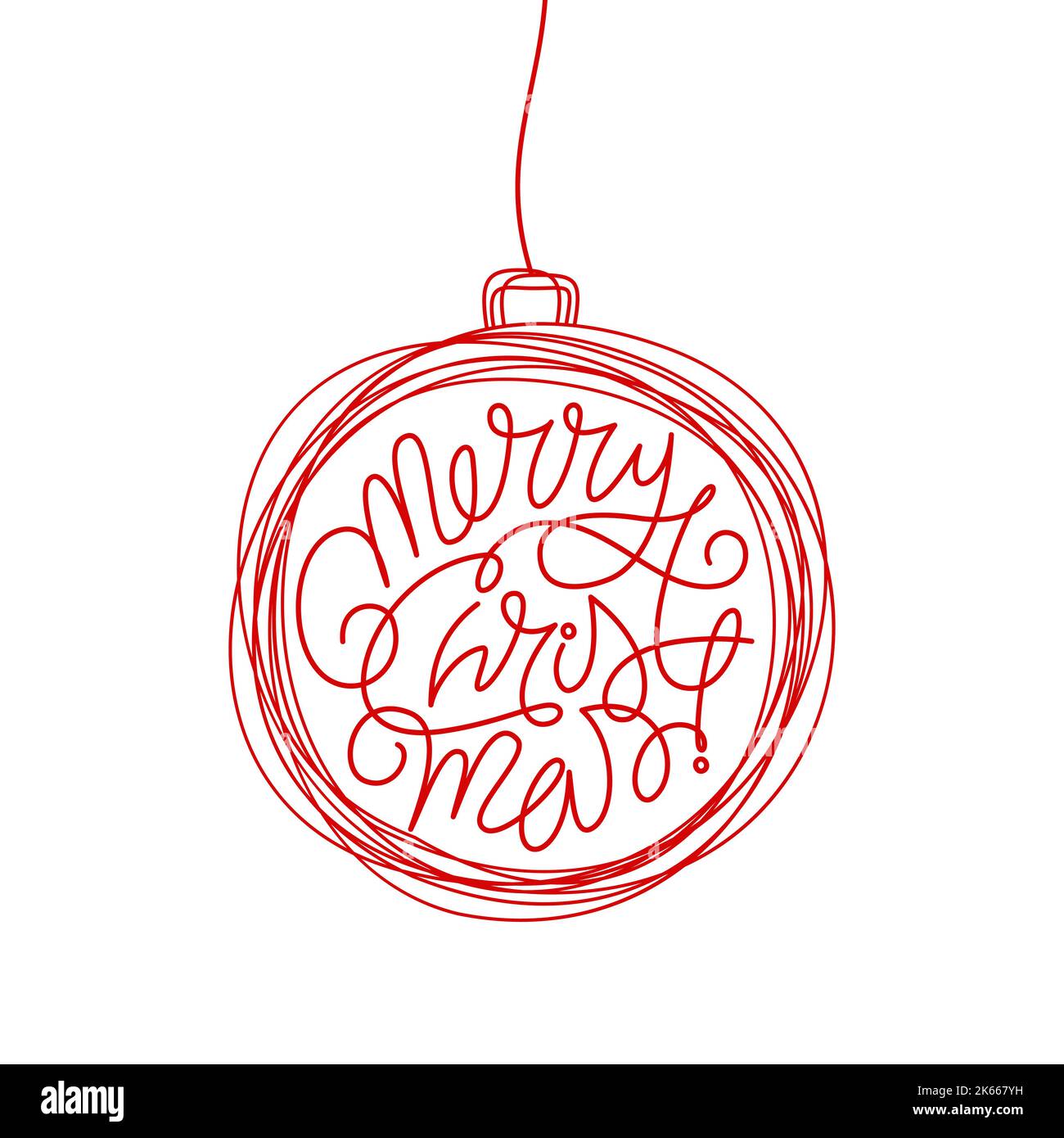 Hand drawn Merry Christmas lettering element in scribble pine tree ball ...