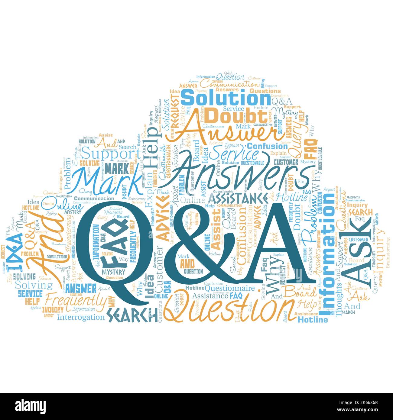 Big word cloud in the shape of cloud with words Q and A.. Questions and