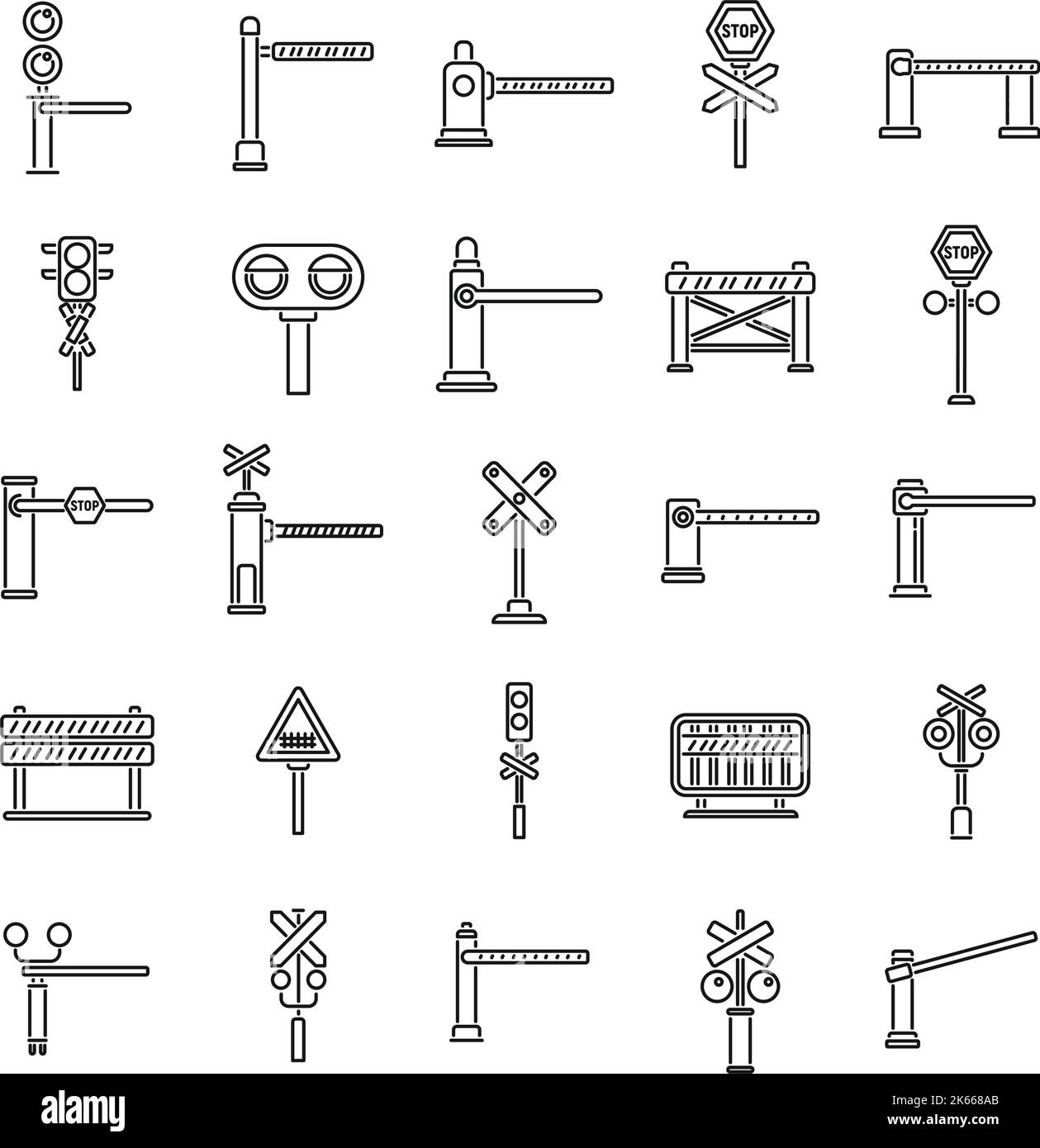 Railroad barrier icons set outline vector. Crossing railway. Sign barrier Stock Vector