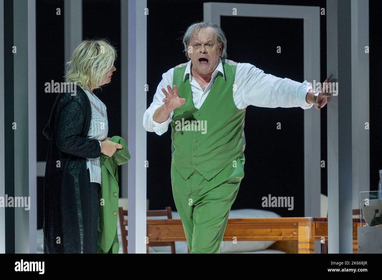 Berlin, Germany. 26th Sep, 2022. During a dress rehearsal of the performance of Richard Wagner's opera 'Die Walküre,' Michael Volle (Wotan, r) and Anja Kampe (Brünnhilde) perform on stage at the Staatsoper. The Wagner Tentralogy will be premiered at the Staatsoper from October 2 to 9. Credit: Christophe Gateau/dpa/Alamy Live News Stock Photo