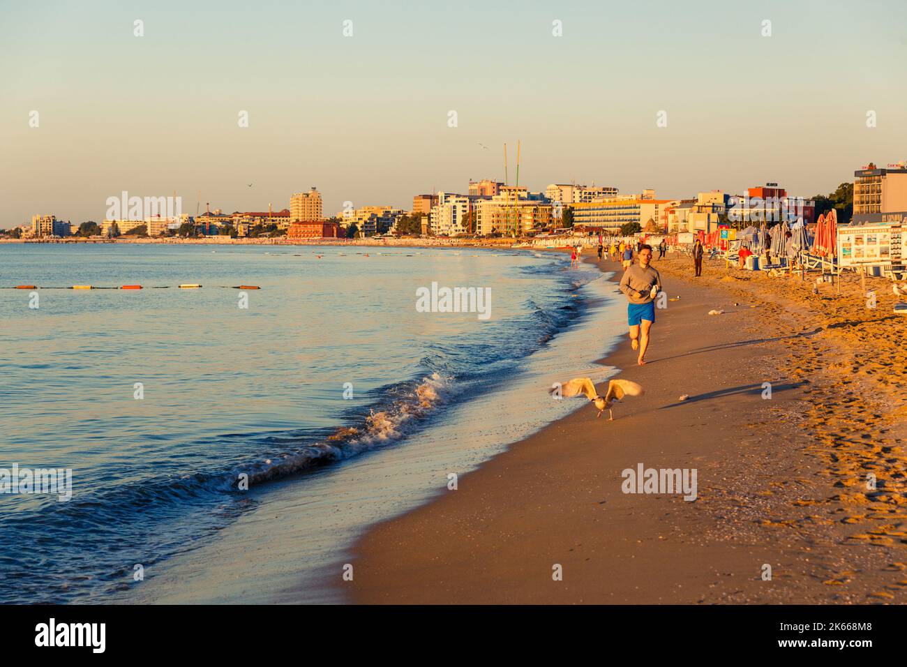 Nessebar, Bulgaria - September 01, 2016: Man Running Outdoors on morning beach Stock Photo