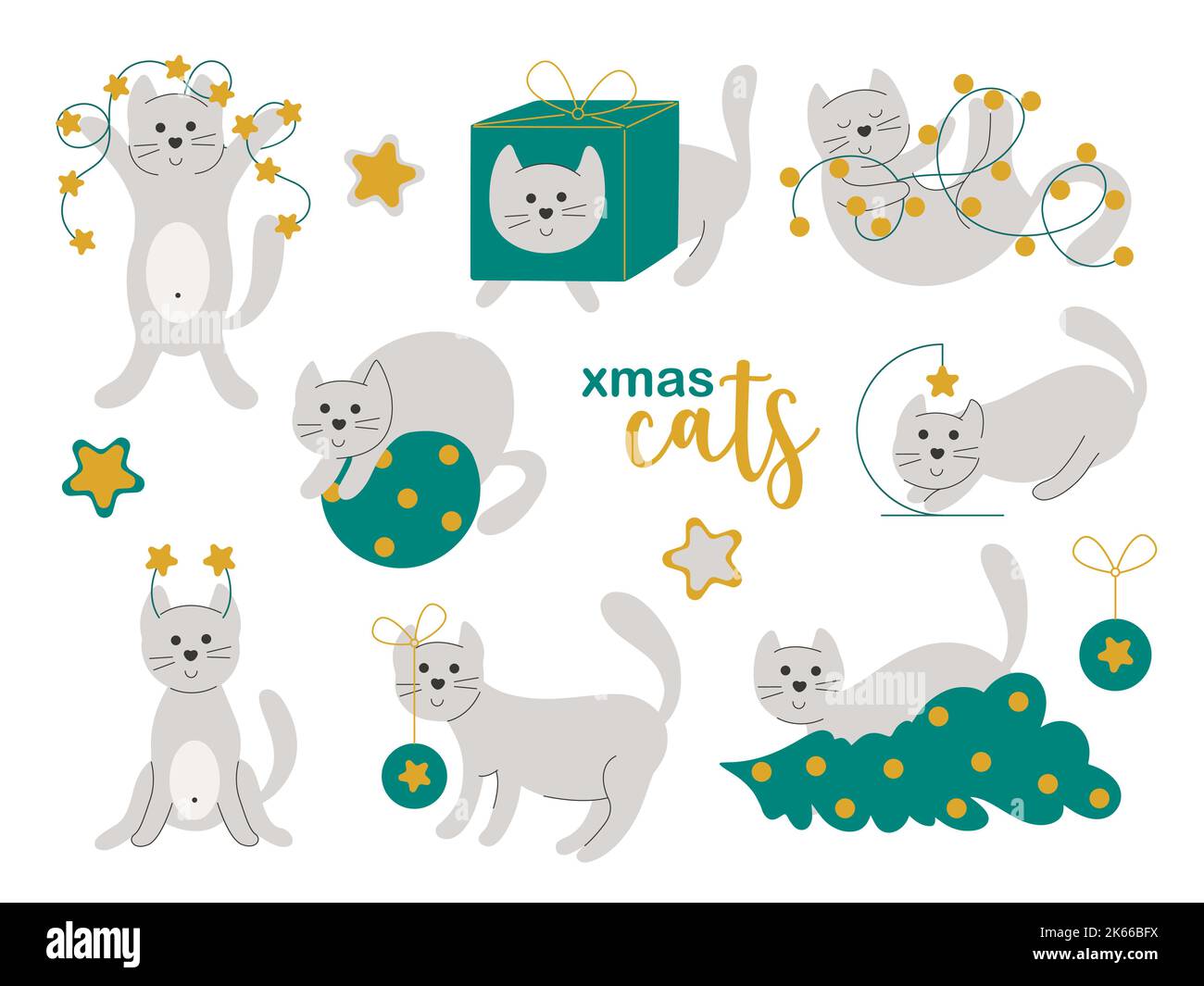 Christmas stories with cat vector illustration. Funny cute pet with gift box, christmas tree, garland and stars. Hand drawn holiday decoration Stock Vector