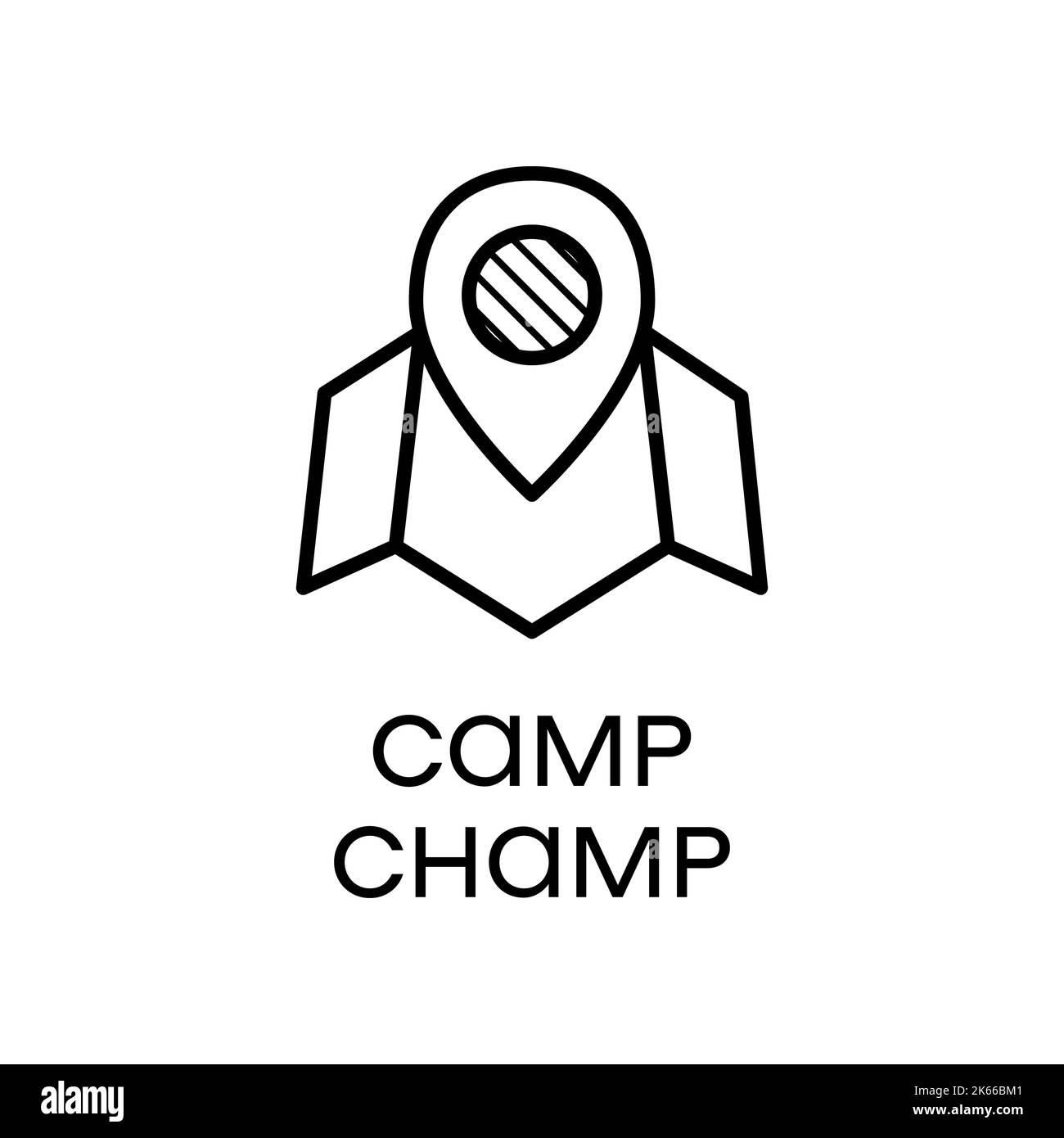 map pin and Camp Champ text against white background Stock Photo
