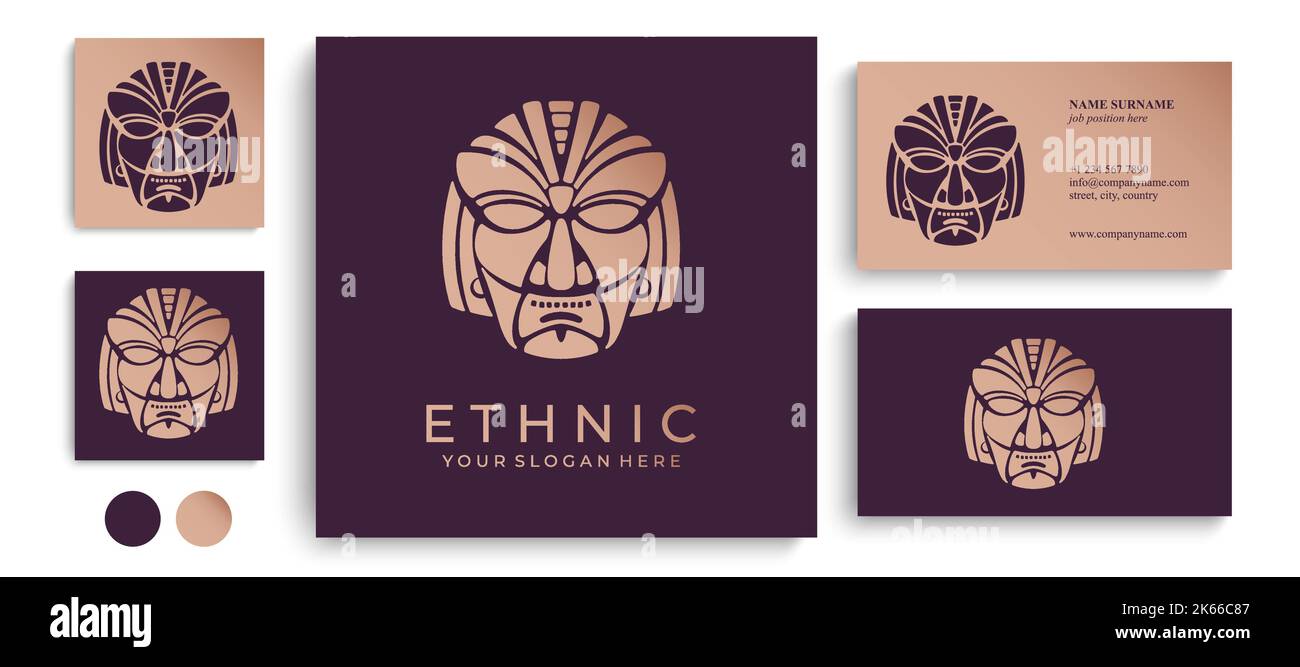 Ethnic mask logo. Aztec and Mayan mask logo for business. Cultural vector design in a minimalistic style. Stock Vector
