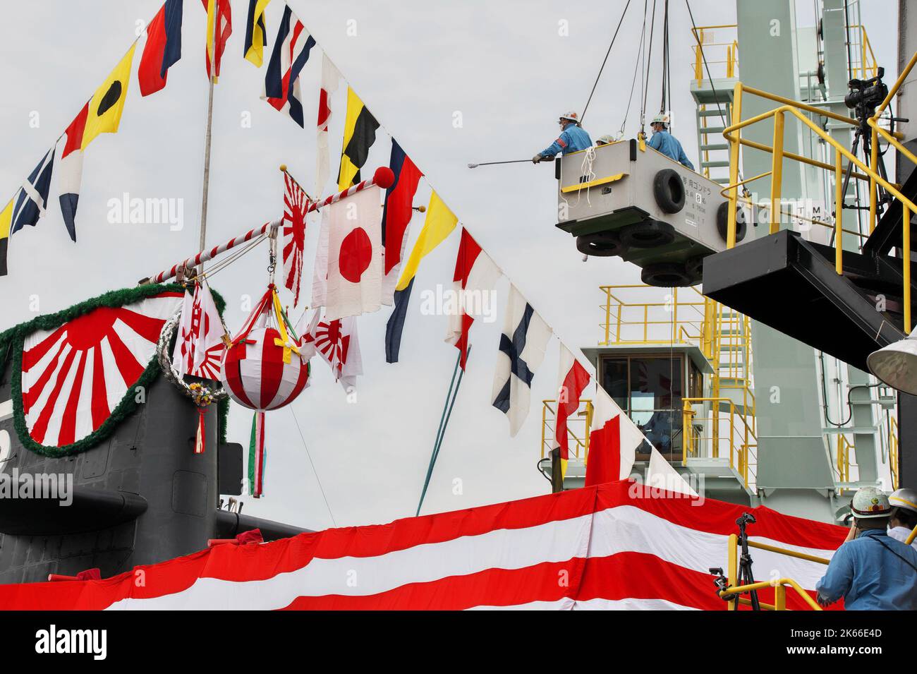 Kobe, Japan. 12th Oct, 2022. Workers prepare for launching ceremony of new submarine 'Jingei' at Kobe Shipyard & Machinery Works of MHI in Kobe, Hyogo-Prefecture, Japan on October 12, 2022. Photo by Keizo Mori/UPI Credit: UPI/Alamy Live News Stock Photo