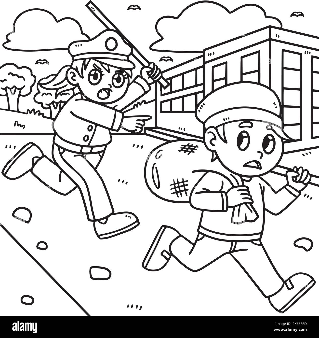 Policewoman Chasing Thief Coloring Page  Stock Vector