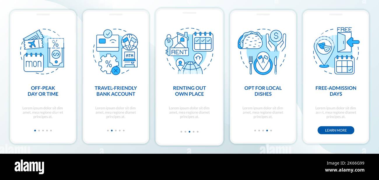 Saving travel tips blue onboarding mobile app screen Stock Vector