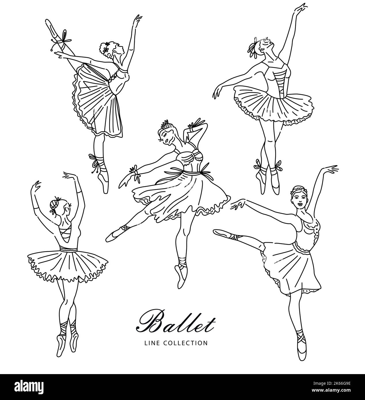 Women ballet dancer set of continuous line drawing in black color. Dancing girls and figures. Stock Vector