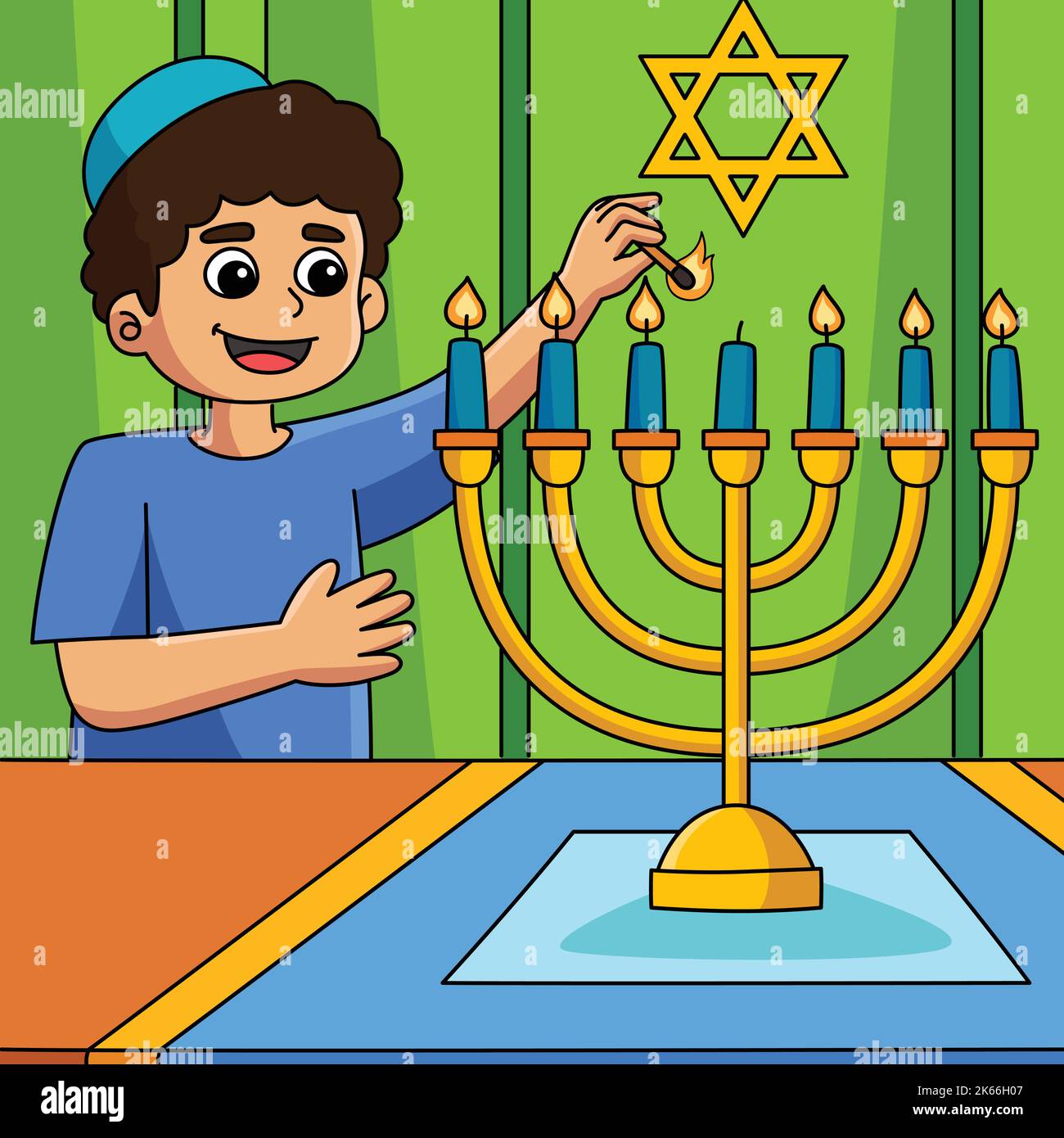 Hanukkah Boy Lighting Menorah Colored Cartoon Stock Vector Image & Art