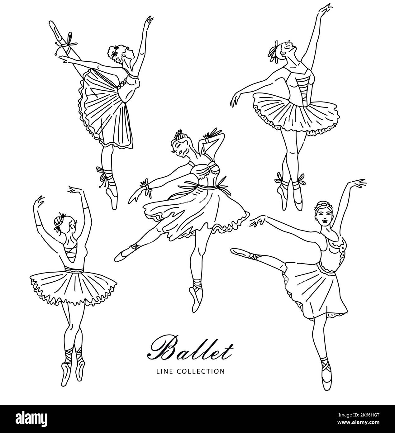 Women ballet dancer set of continuous line drawing in black color. Dancing girls and figures. Stock Vector