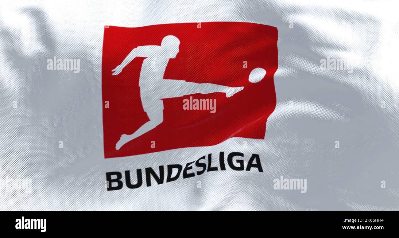 Munich, GER, July 2022: Close-up of the Bundesliga flag waving in the wind. Bundesliga is a professional association football league in Germany. Illus Stock Photo