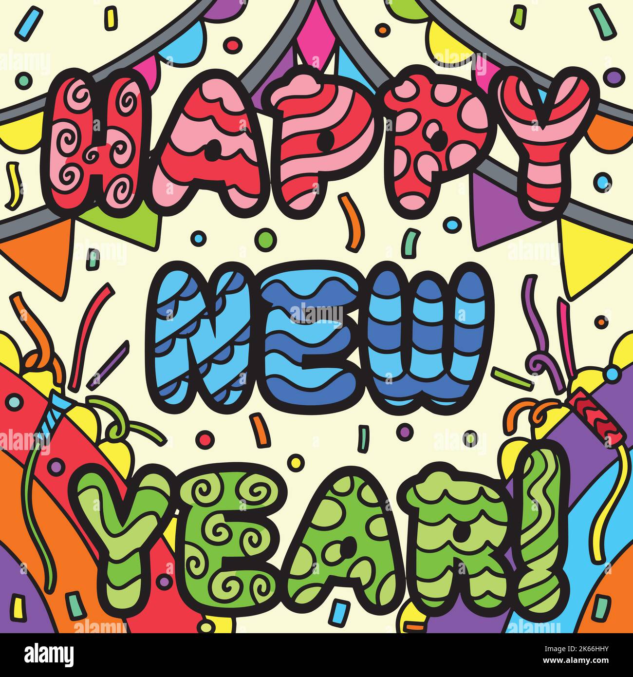 Happy New Year Banner Colored Cartoon Illustration Stock Vector Image