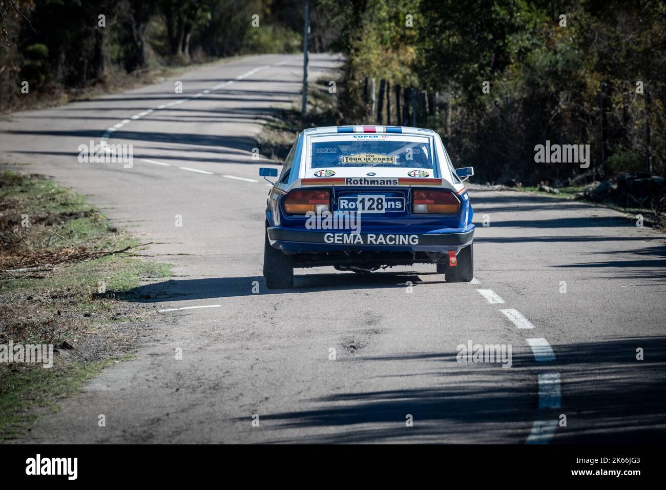 Novella, Corsica, France - 7th October 2022: Fabio Lanni and Giacomo Lanni compete in their Alf Romeo GTV6 in the 2022 Tour de Corse Historique. Stock Photo