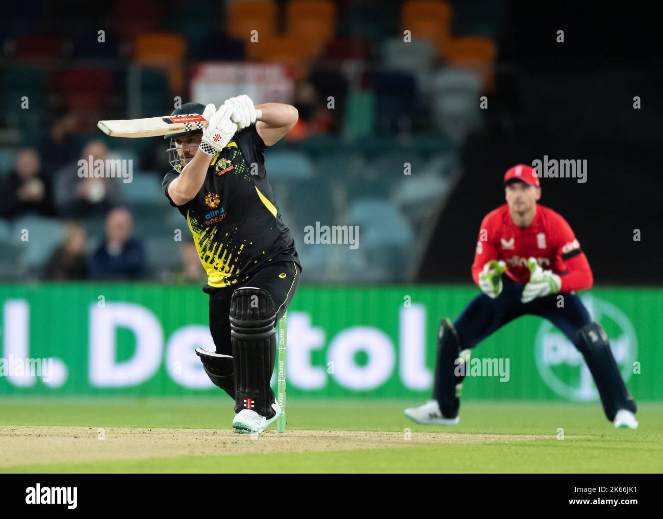 Canberra, Australia. 12th Oct, 2022. Aaron Finch (C) of Australia bats during game two of the T20 International series between Australia and England at Manuka Oval on October 12, 2022 in Canberra, Australia. IMAGE RESTRICTED TO EDITORIAL USE - STRICTLY NO COMMERCIAL USE Credit: Izhar Ahmed Khan/Alamy Live News/Alamy Live News Stock Photo