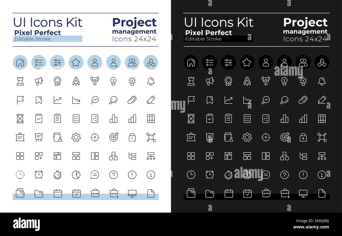 Project management pixel perfect linear ui icons kit for dark, light mode Stock Vector