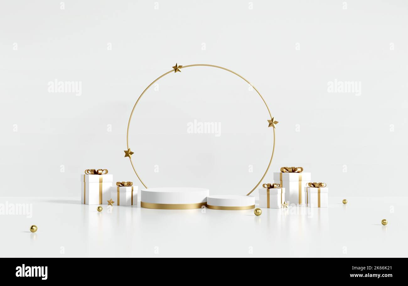3D rendering white and gold product display stands with gift boxes on ...