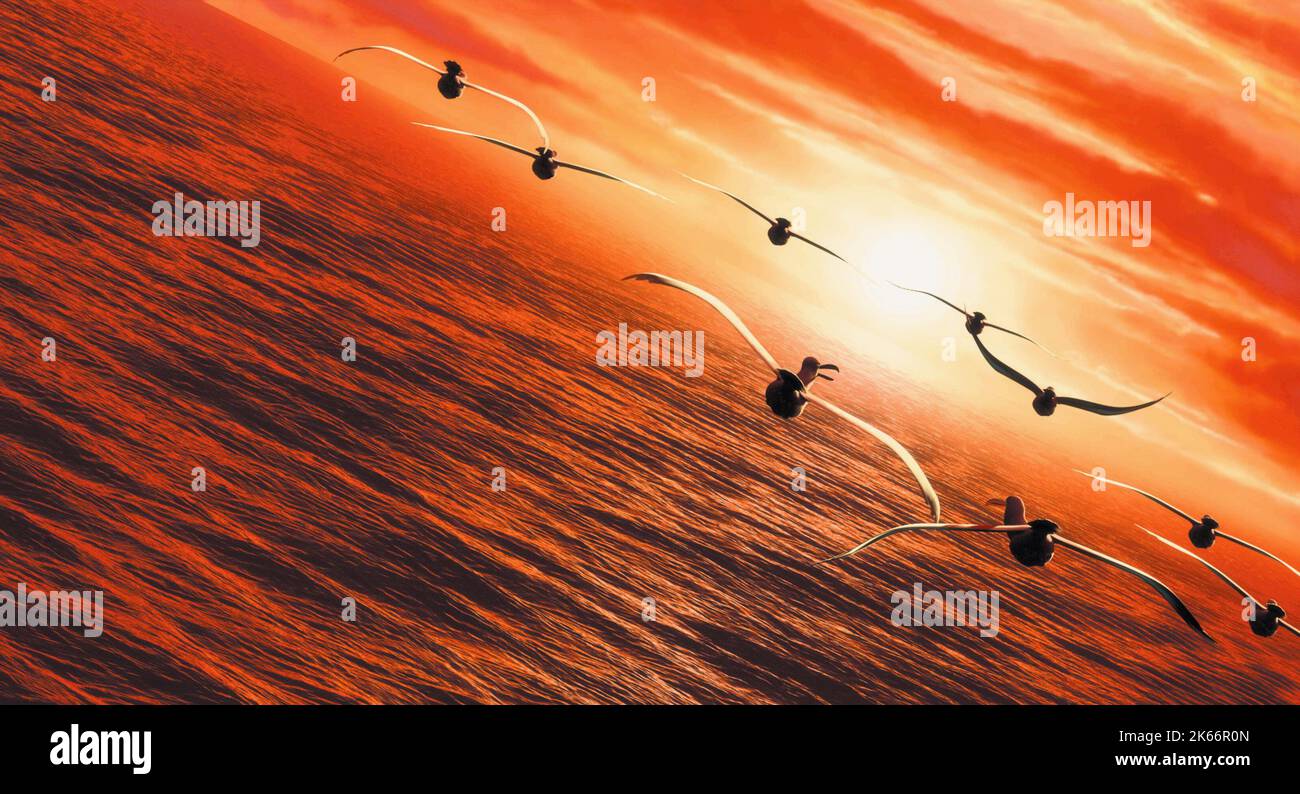 GULLS FLY TOWARD SUNSET, FINDING NEMO, 2003 Stock Photo