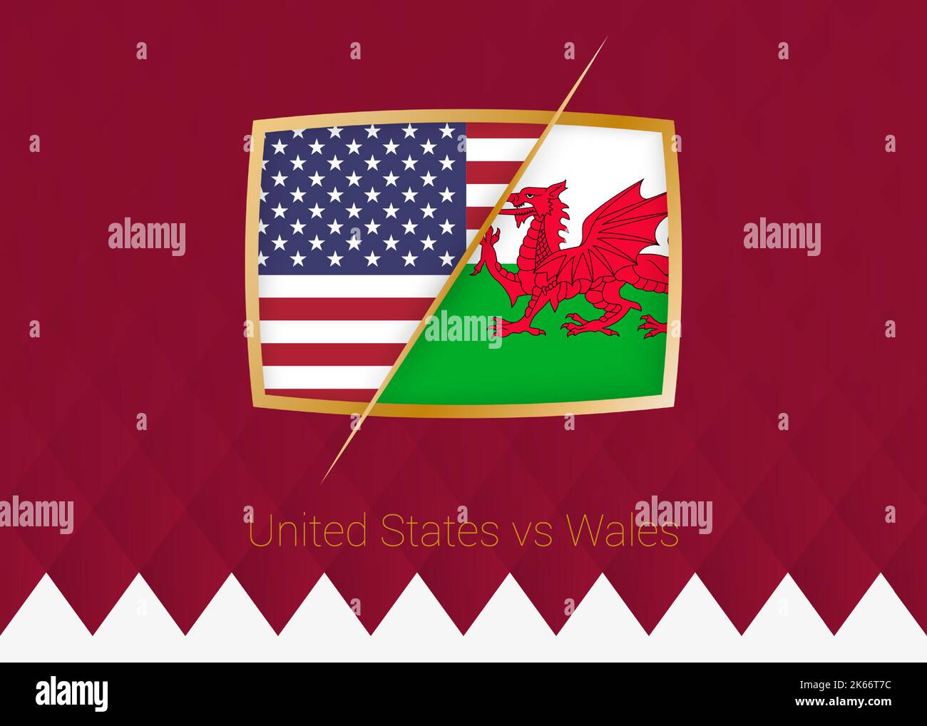 United States vs Wales, group stage icon of football competition on burgundy background. Vector icon. Stock Vector