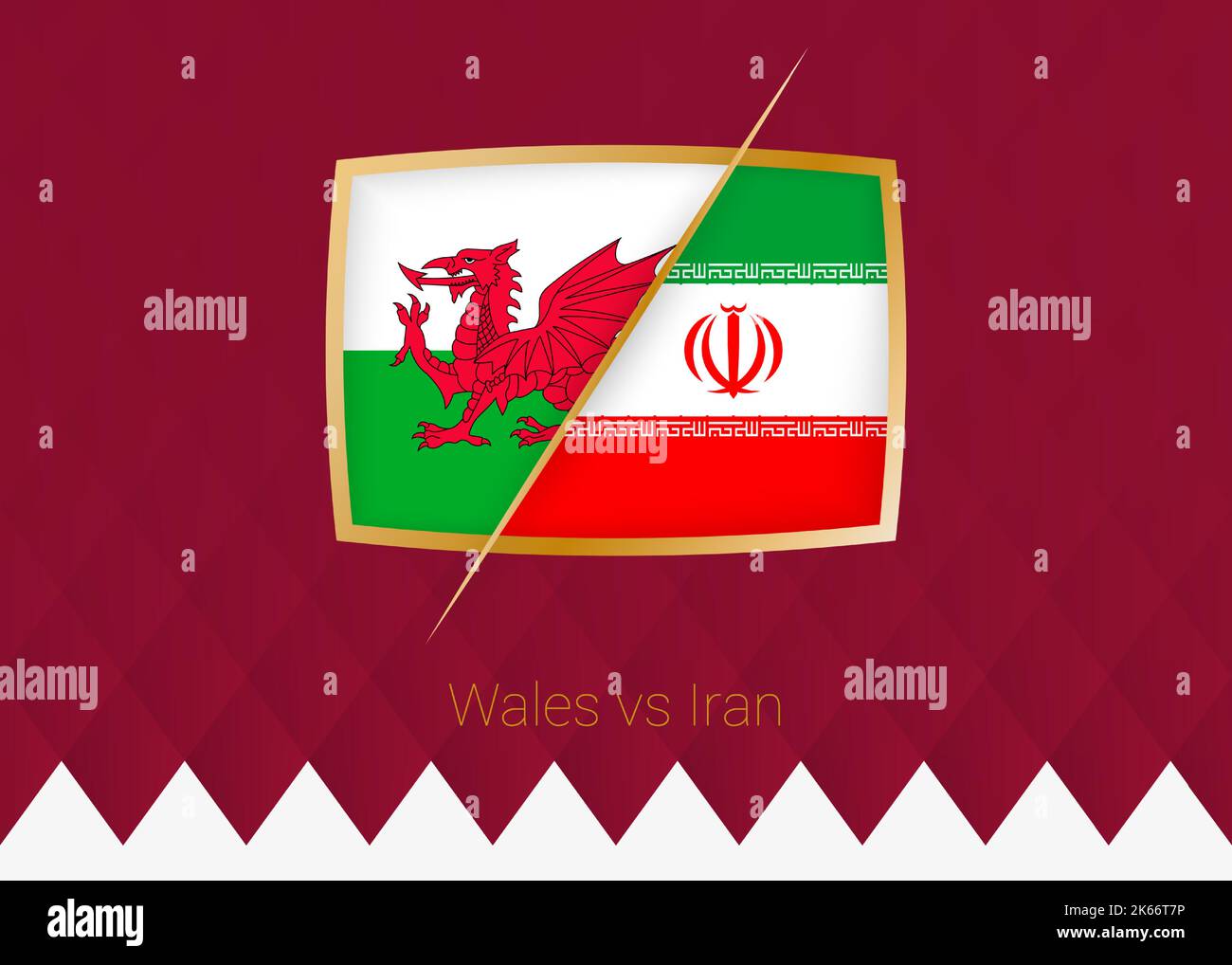 Wales vs Iran, group stage icon of football competition on burgundy background. Vector icon. Stock Vector