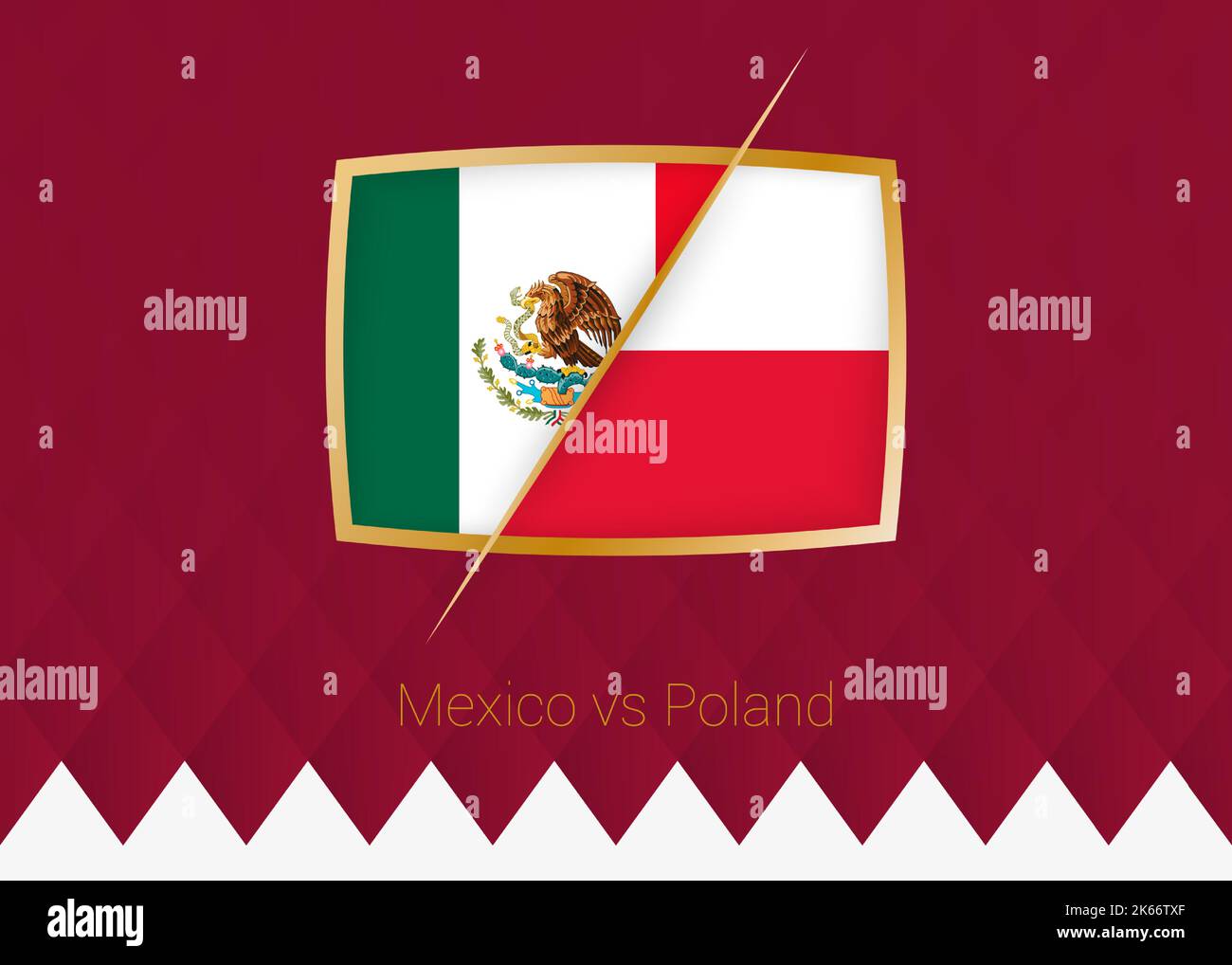 Mexico vs Poland, group stage icon of football competition on burgundy