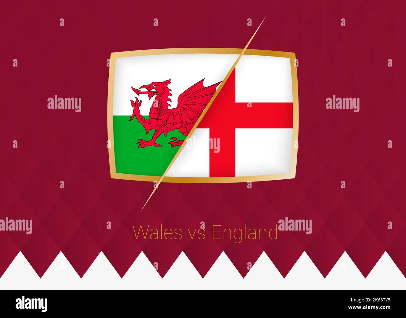 Wales vs England, group stage icon of football competition on burgundy background. Vector icon. Stock Vector