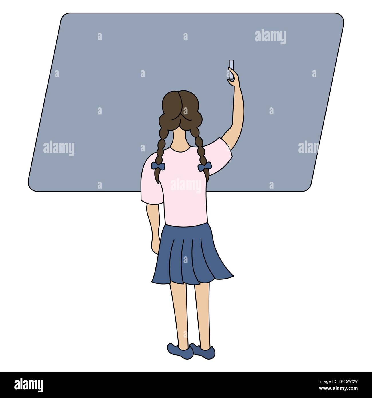 The schoolgirl writes on the blackboard with chalk. Color vector illustration. Brunette girl with pigtails view from the back. School theme. Stock Vector