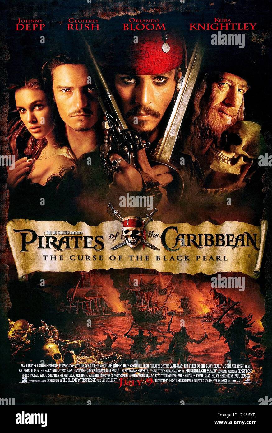 KEIRA KNIGHTLEY, ORLANDO BLOOM, JOHNNY DEPP, GEOFFREY RUSH, PIRATES OF THE CARIBBEAN: THE CURSE OF THE BLACK PEARL, 2003 Stock Photo