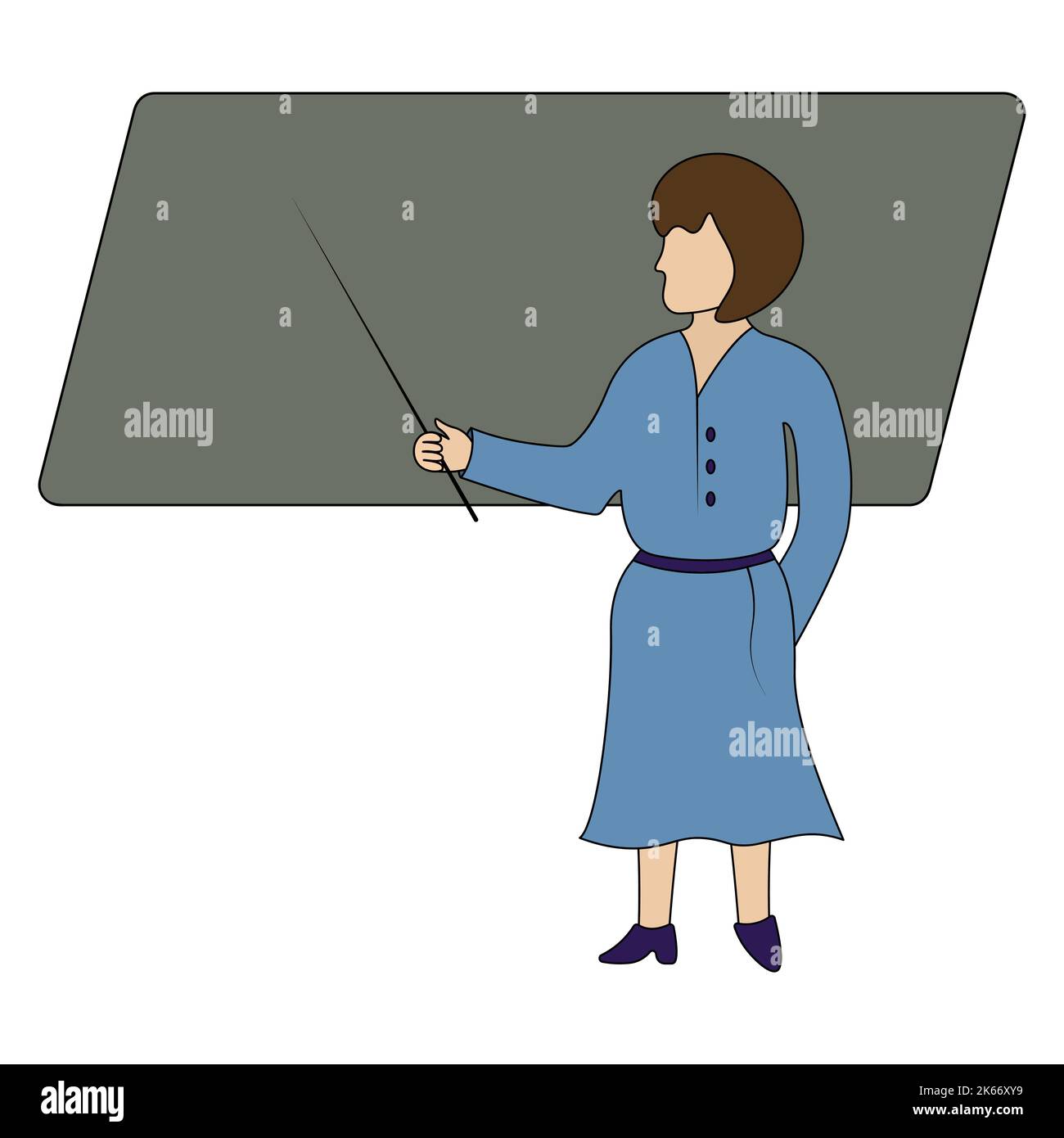 The teacher teaches a lesson at school. A woman in a blue dress points to a blackboard with a pointer. Color vector illustration. School theme. Stock Vector