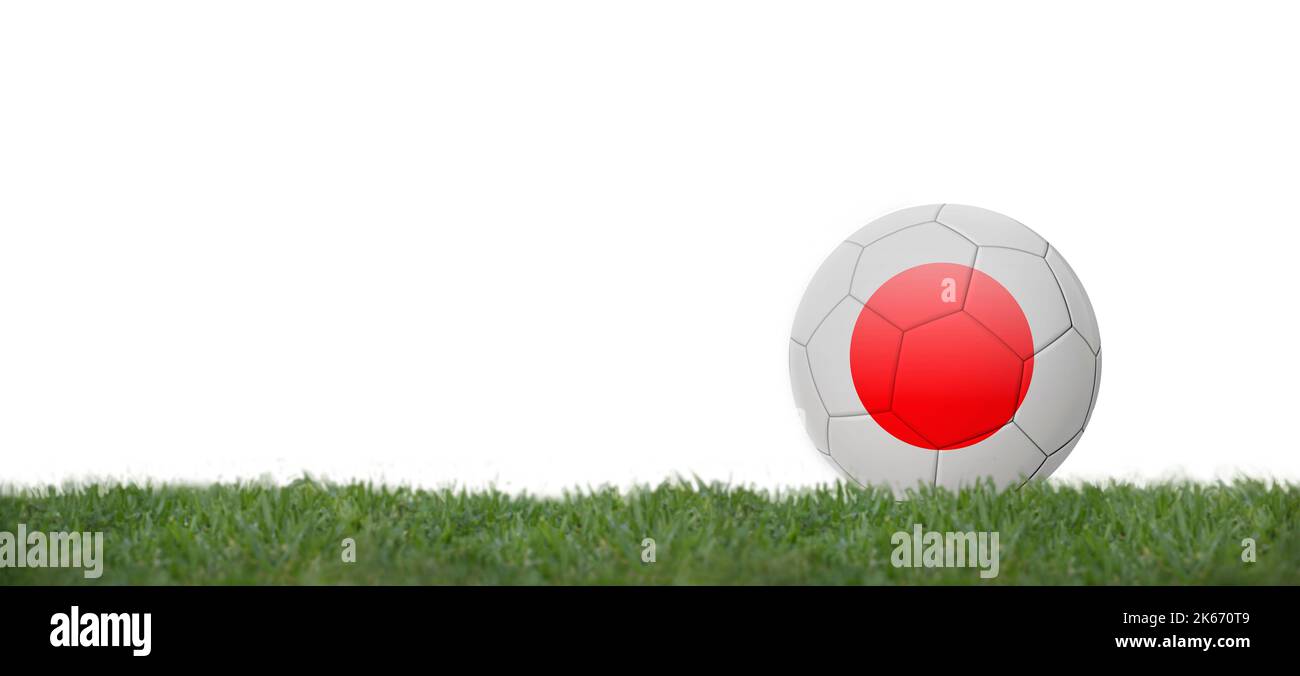 3D illustration Soccer ball with japan flag on grass, copy space with white background. Stock Photo