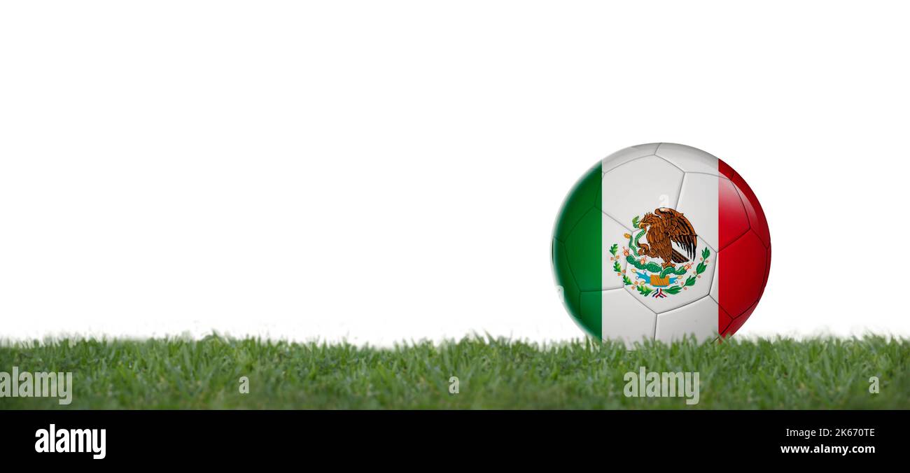 3D illustration Soccer ball with mexico flag on grass, copy space with white background. Stock Photo