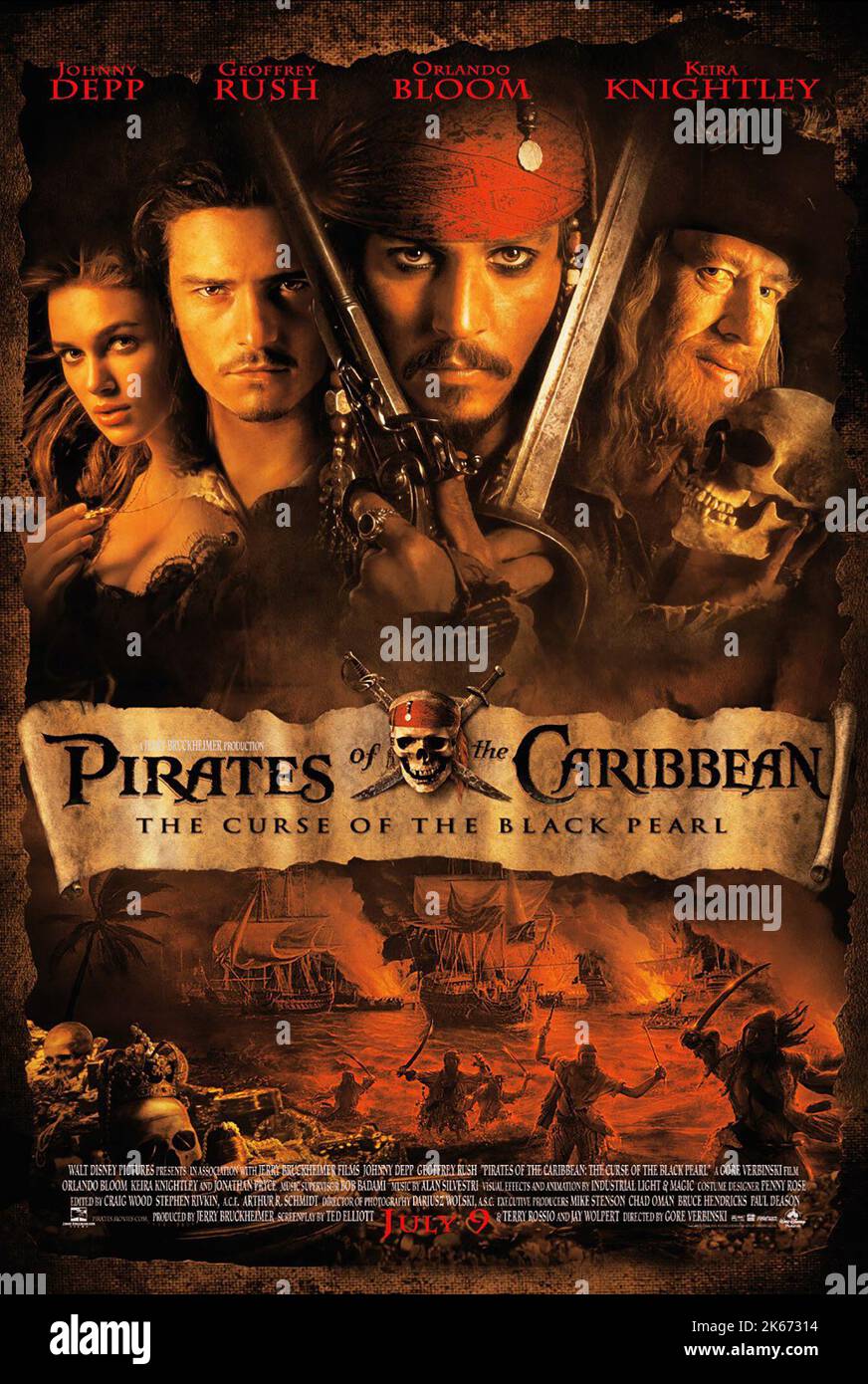 KEIRA KNIGHTLEY, ORLANDO BLOOM, JOHNNY DEPP, GEOFFREY RUSH, PIRATES OF THE CARIBBEAN: THE CURSE OF THE BLACK PEARL, 2003 Stock Photo