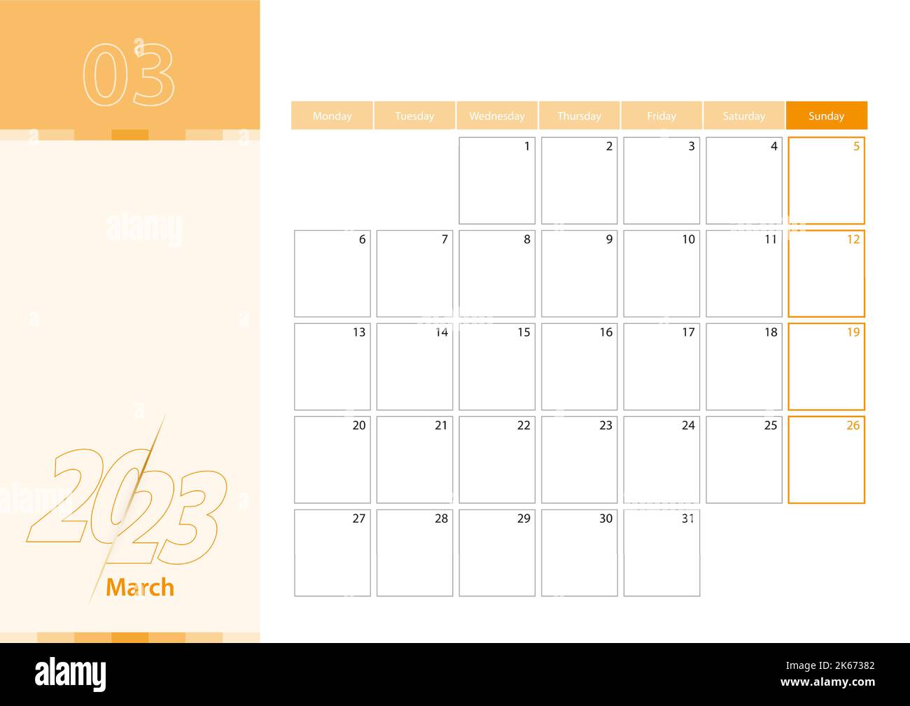 Horizontal planner for March 2023 in the orange color scheme. The week
