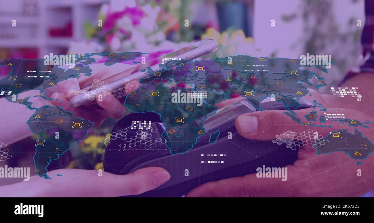 Image of data processing with world map over diverse people paying with ...