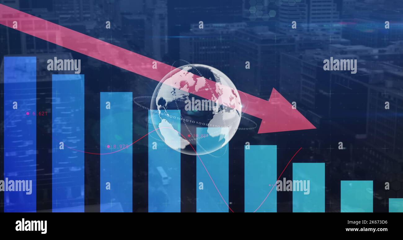 Image of red arrow with statistics processing over world map Stock Photo