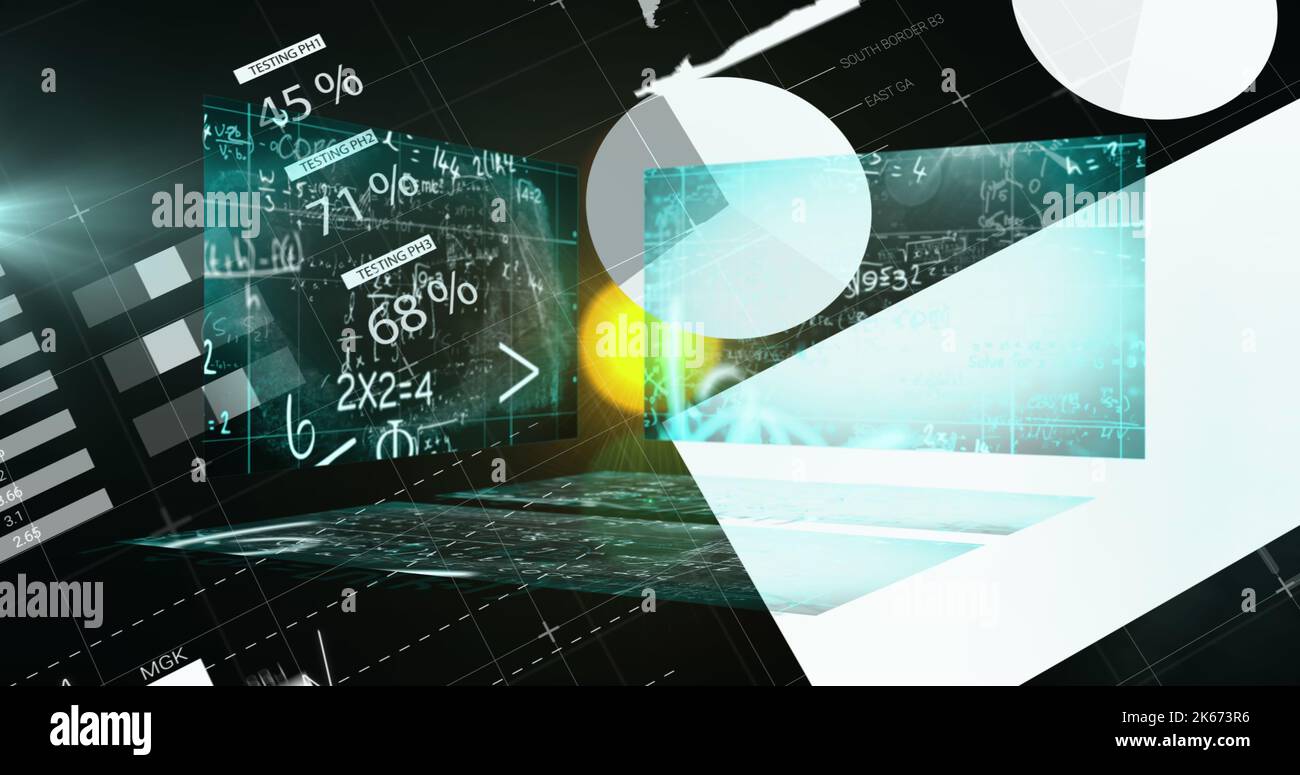 Image of data processing over mathematical equations on black ...
