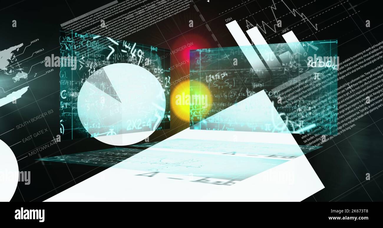 Image of data processing over mathematical equations on black ...